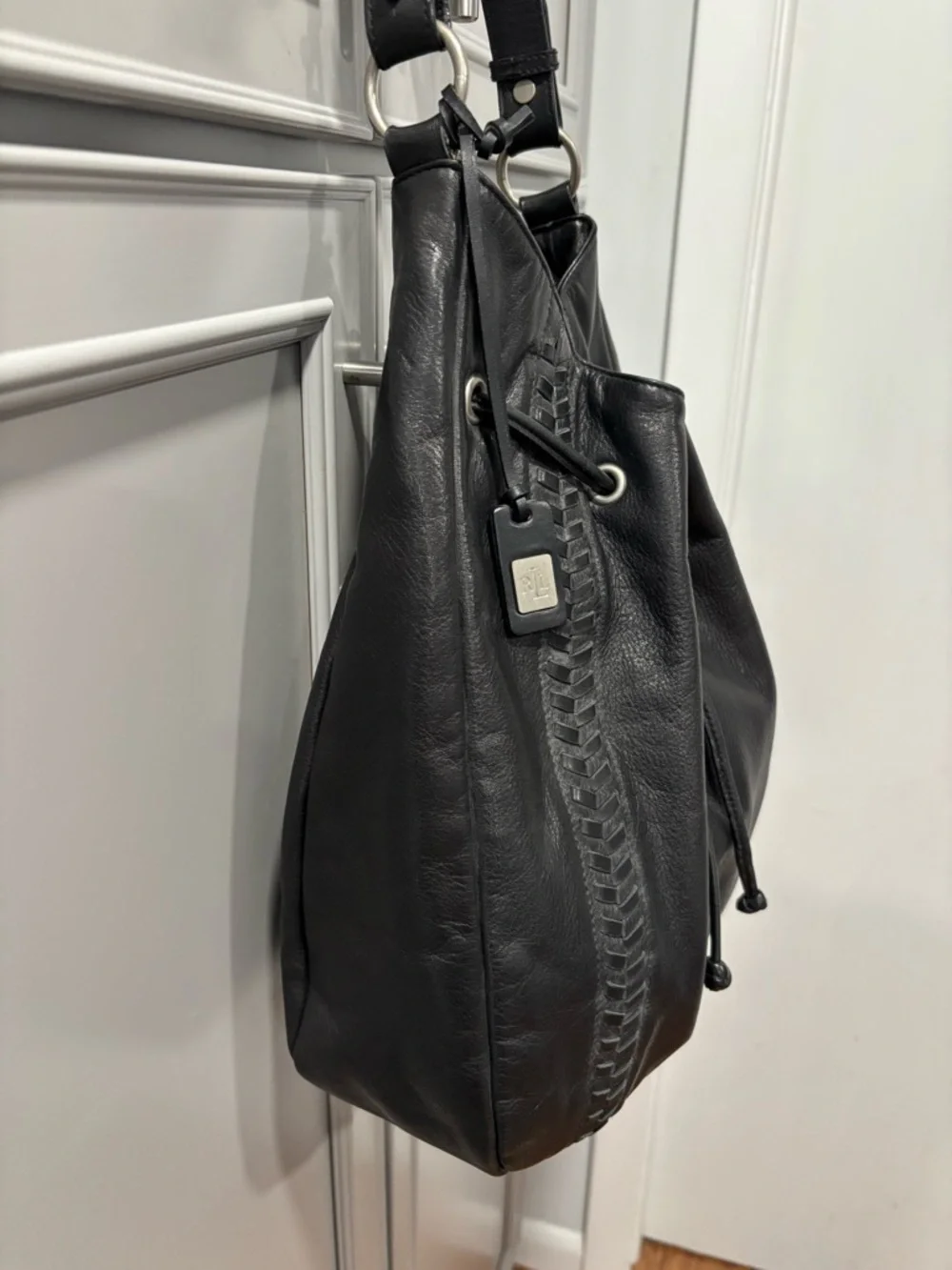 Vintage LAUREN Ralph Lauren Black Leather Braided Hobo Bag Purse MINT